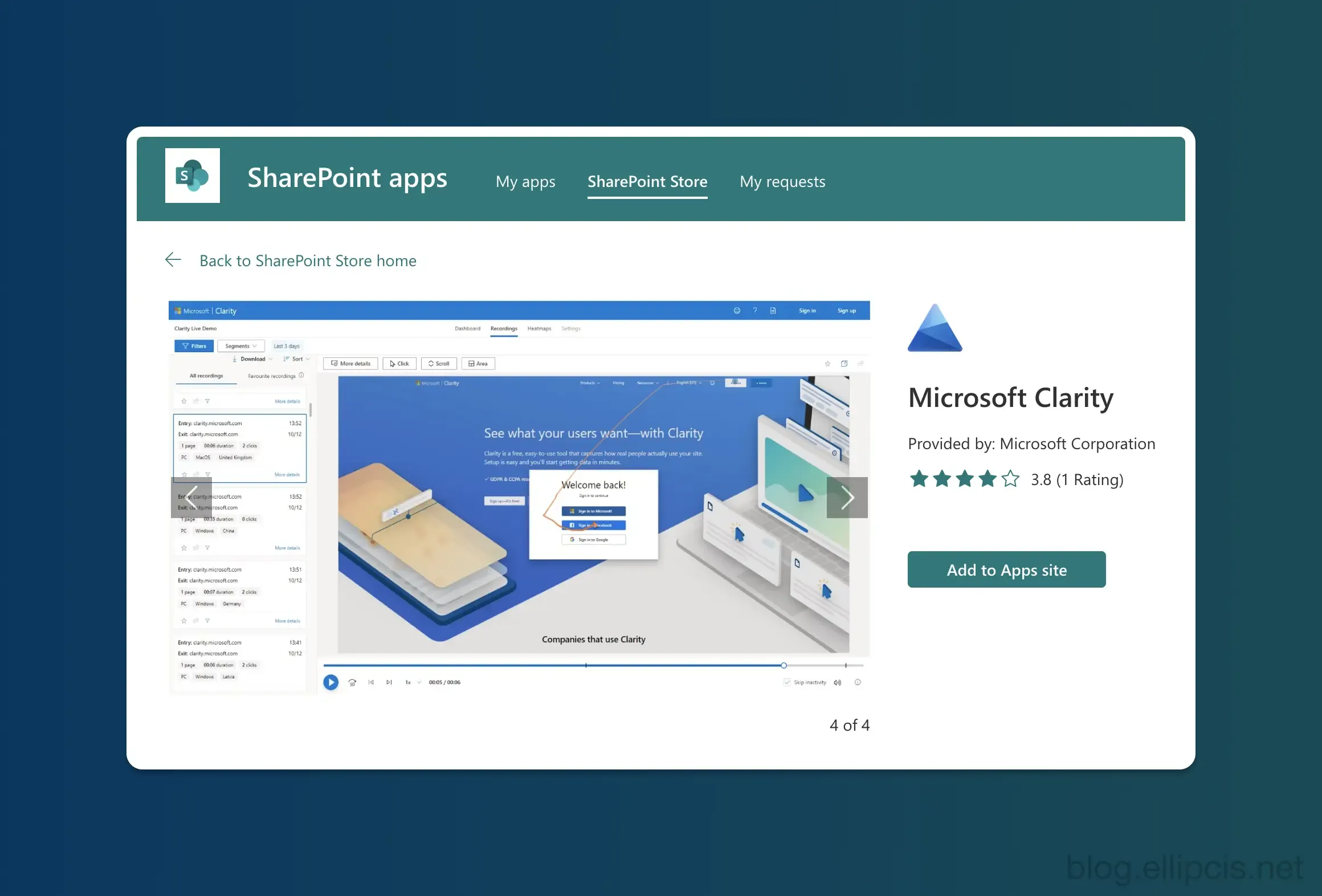 Screenshot of Microsoft Clarity in the SharePoint Store