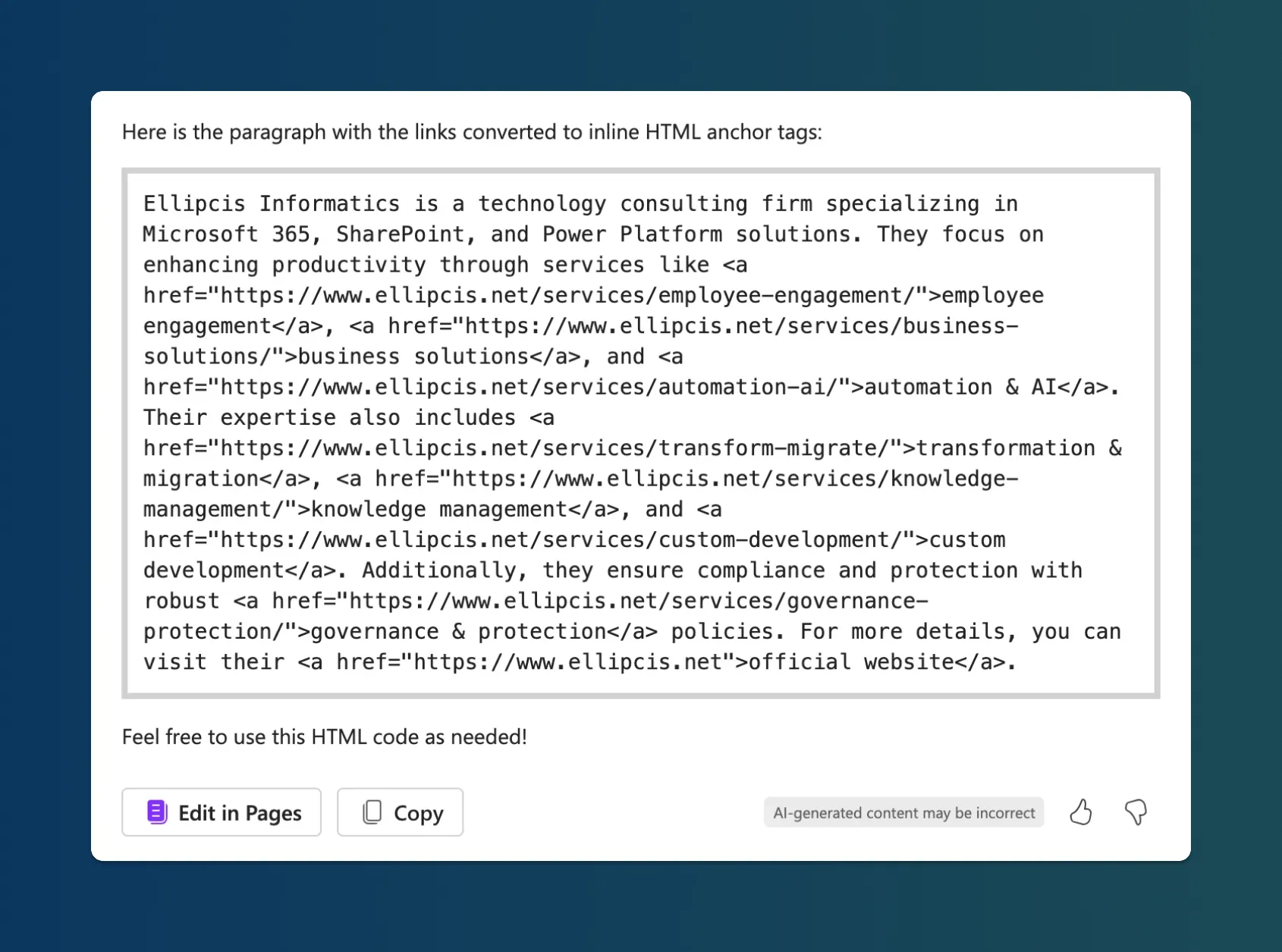 Screenshot of Copilot. A response from Copilot with inline HTML anchor tags.