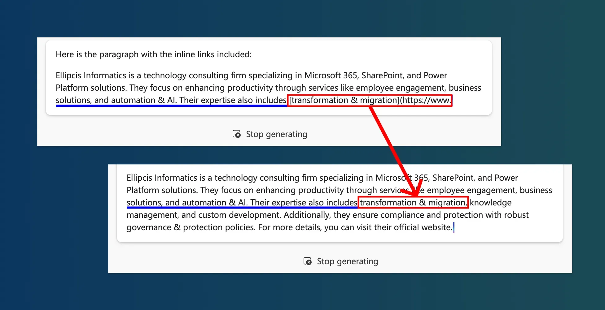 Screenshots of Copilot. Showing where a URL is being partly formed in Markdown in one image then is replaced with only text in the second image.